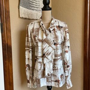 Vintage SzSm Unique Duck Brown White Neutral Pattern  Button Down Blouse